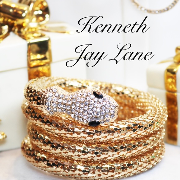 ⚜️ Kenneth Jay Lane Shimmering Gold Mesh and Clear Crystal Snake Wrap Bracelet - Picture 2 of 16
